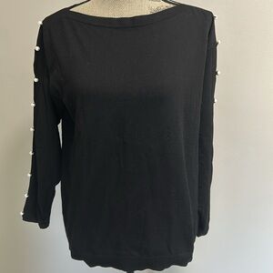 Talbots LS Black Pearl Embellished Boat Neck Pullover Straight Hem Sweater Sz M